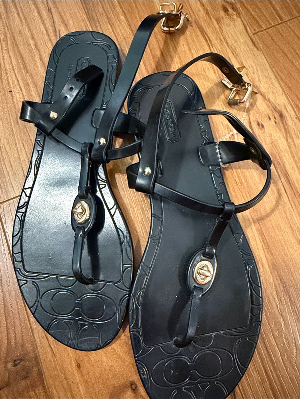 Coach Black Logo-Embossed T-Strap Sandals - Picture 4 of 5
